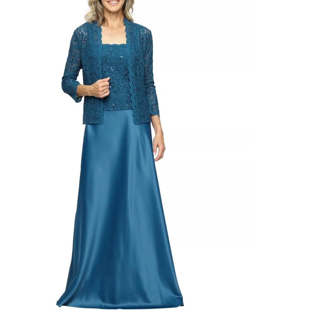 Alex Evenings 3/4 Sleeve Scalloped Lace Jacket And Satin Gown 2 Piece Set Size 6